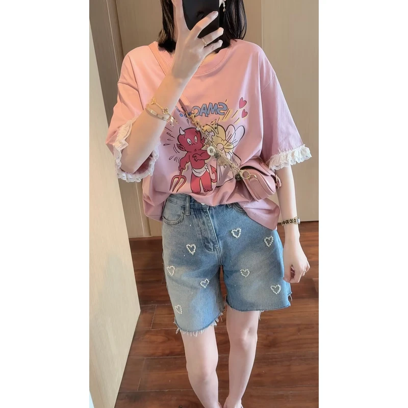 【张静芝】夏季新品~可爱粉嫩爱心天使印花拼蕾丝边减龄短袖T恤