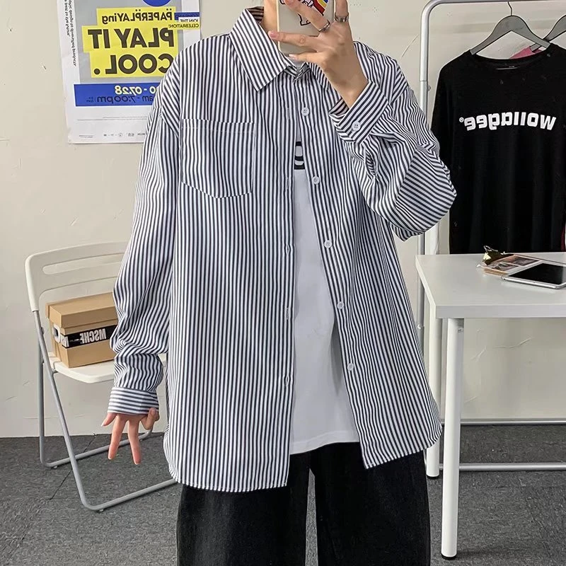 竖条纹长袖衬衫男夏季潮流百搭上衣ins春秋痞帅休闲宽松衬衣外套