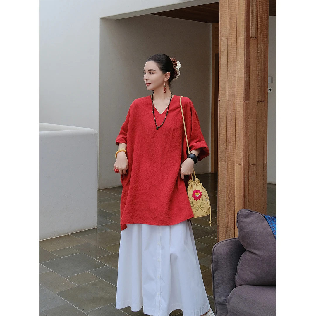 麻霖早秋新品28支汉麻亚麻色织高密v领七分袖中长宽松休闲连衣裙