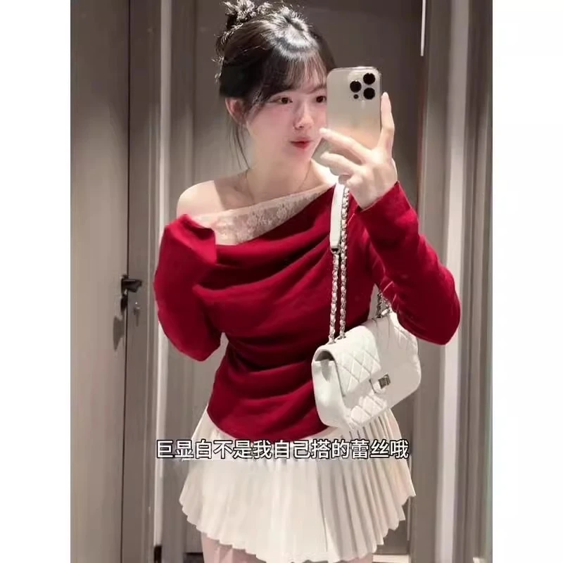 假两件蕾丝拼接设计感长袖针织打底衫女内搭冬季红色毛衣修身上衣