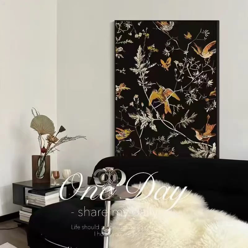 手工砂岩植物喜鹊美式复古卧室法式中古艺术客厅ins风摆画80120