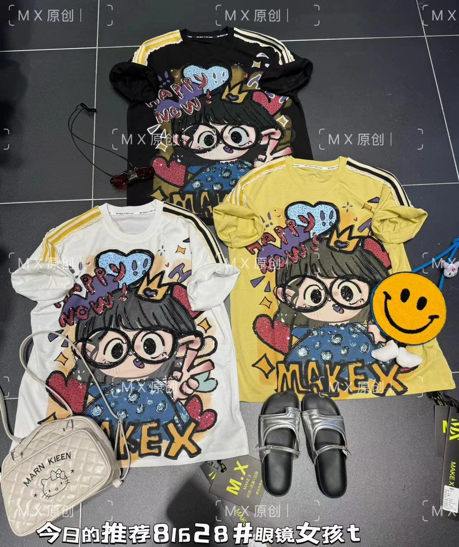 新款夏季卡通女孩短袖T恤潮牌女装圆领半袖个性时尚休闲情侣重工