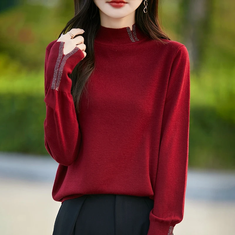 法式精纺薄款开叉半高领烫钻羊毛打底衫女宽松设计感小众针织毛衣