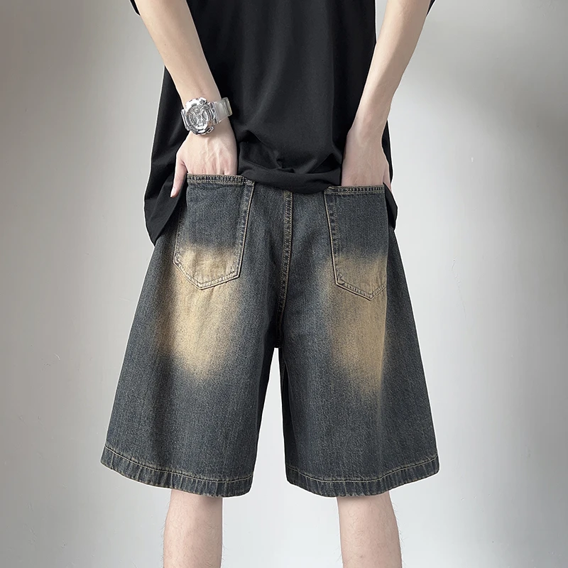 复古黄泥染牛仔短裤男女夏季宽松显瘦阔腿直筒五分裤潮