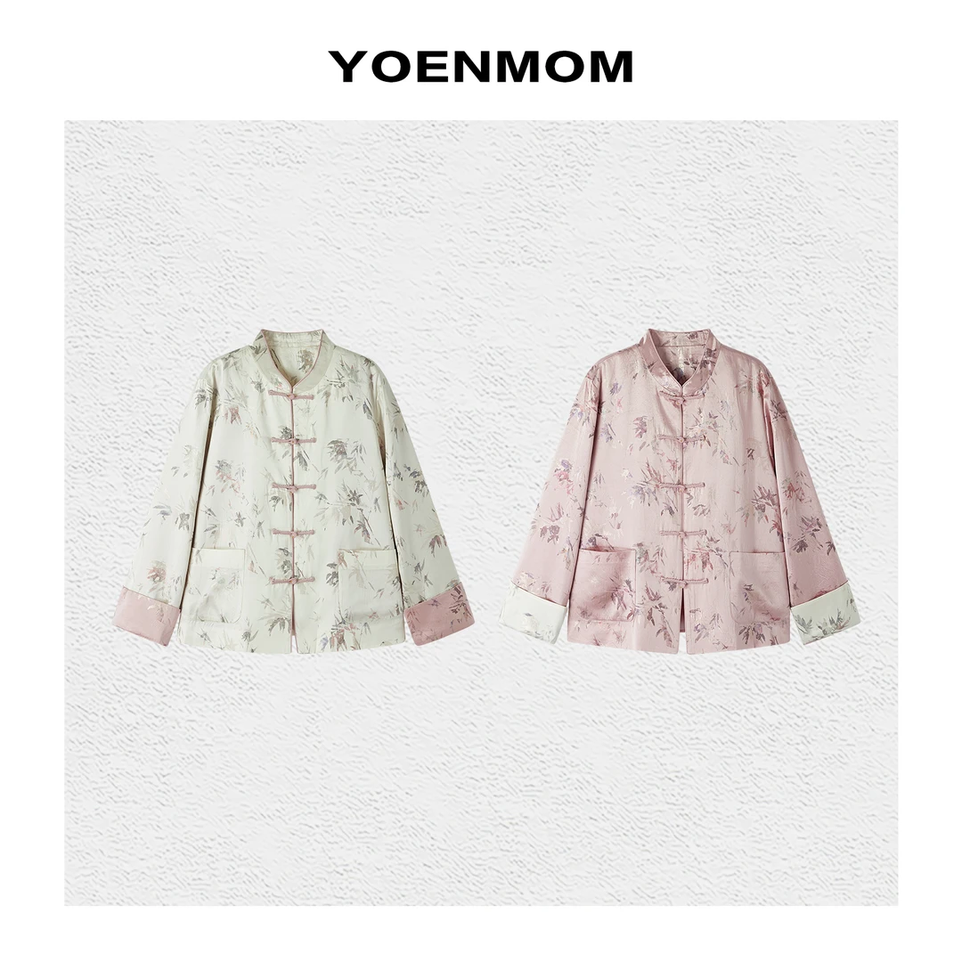 YOENMOM·竹枝词·春季新品 100醋酸国风提花撞色盘扣温婉立领外套
