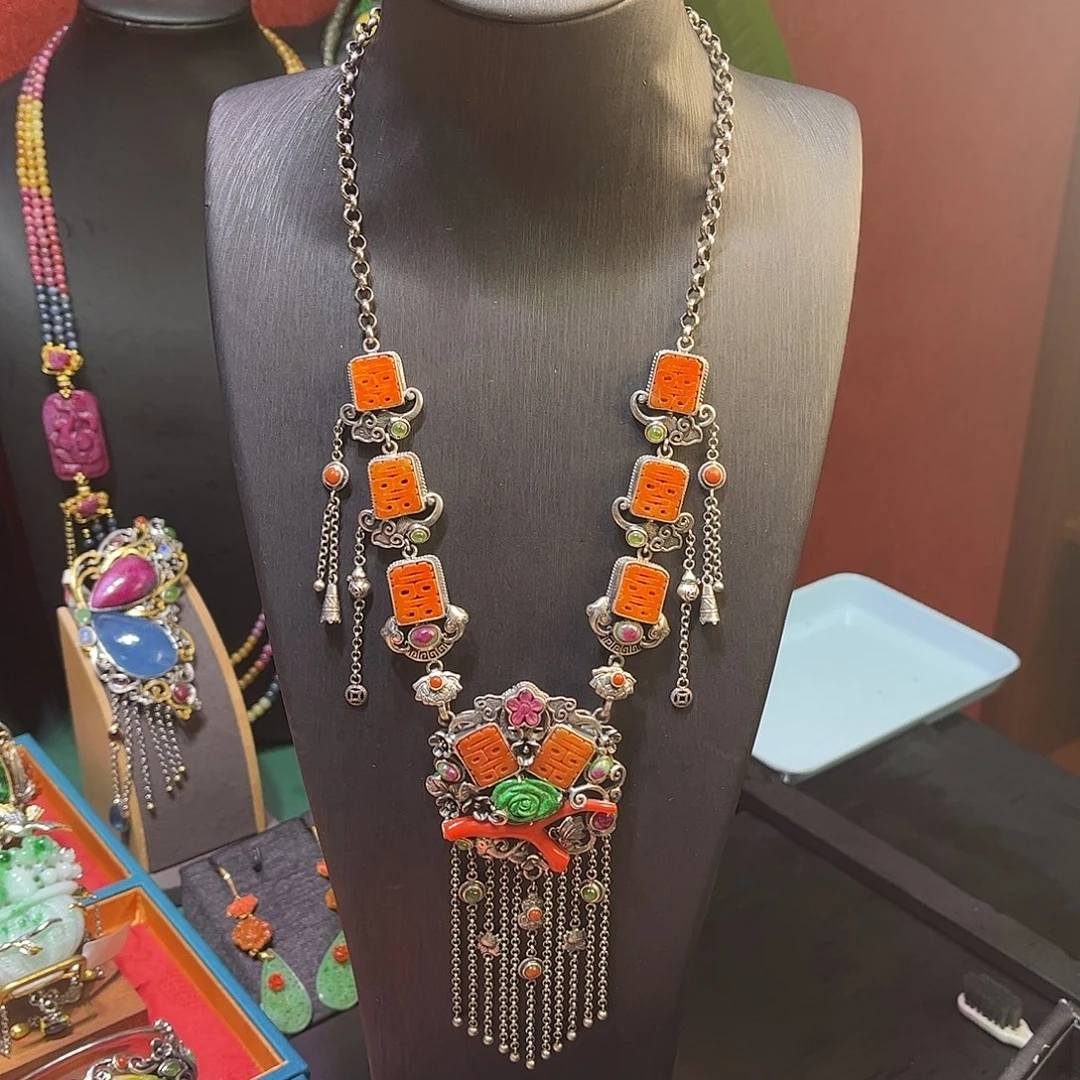 翡翠银S925镶嵌套链红翡多宝项链套装