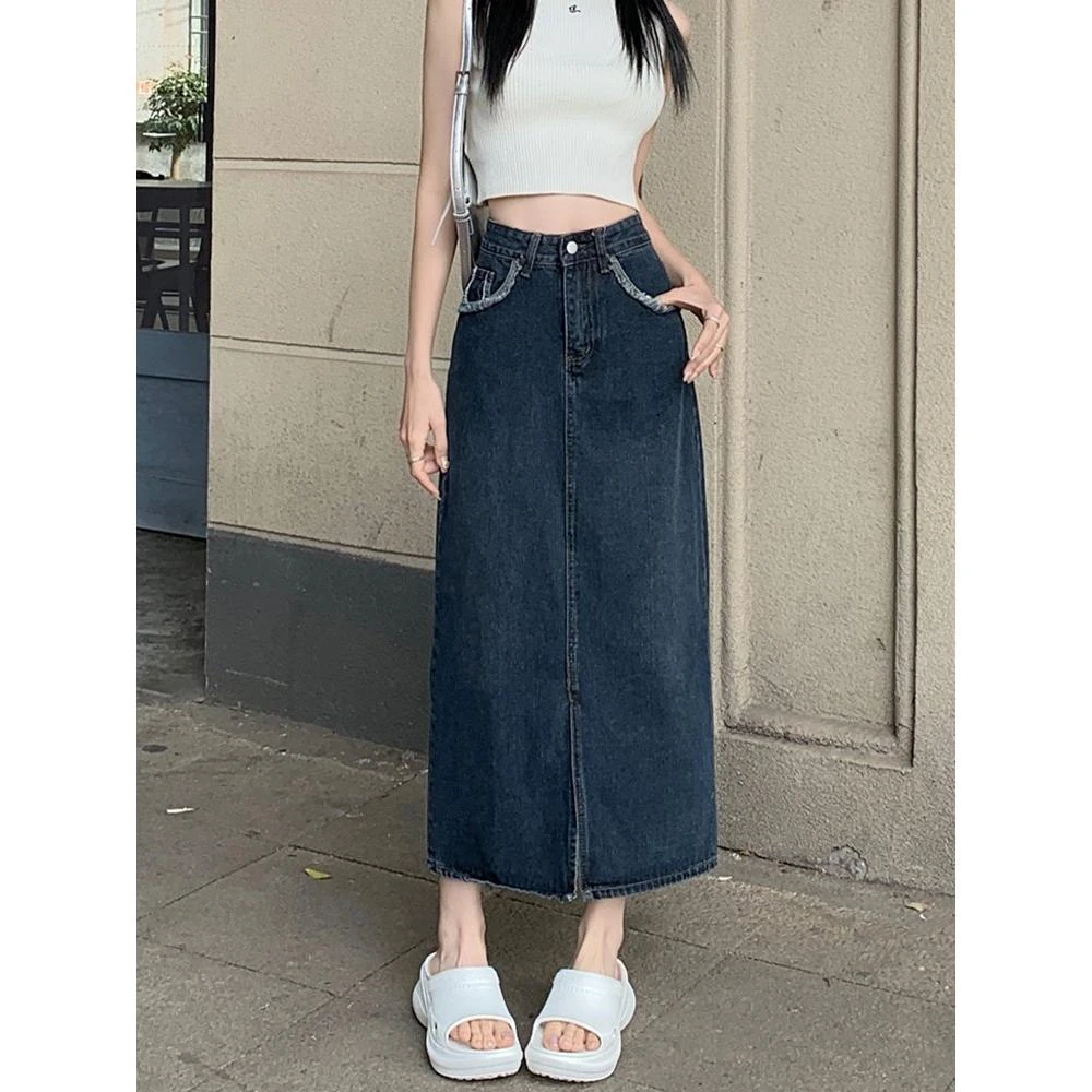 夏季胖mm开叉显瘦遮胯中长款a字牛仔半身裙