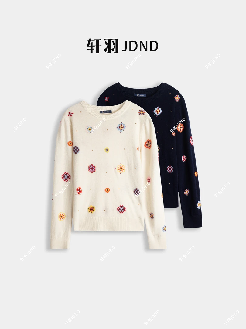 JDND轩羽【花样织梦】100%羊毛时尚烫钻刺绣针织毛衣XY25534