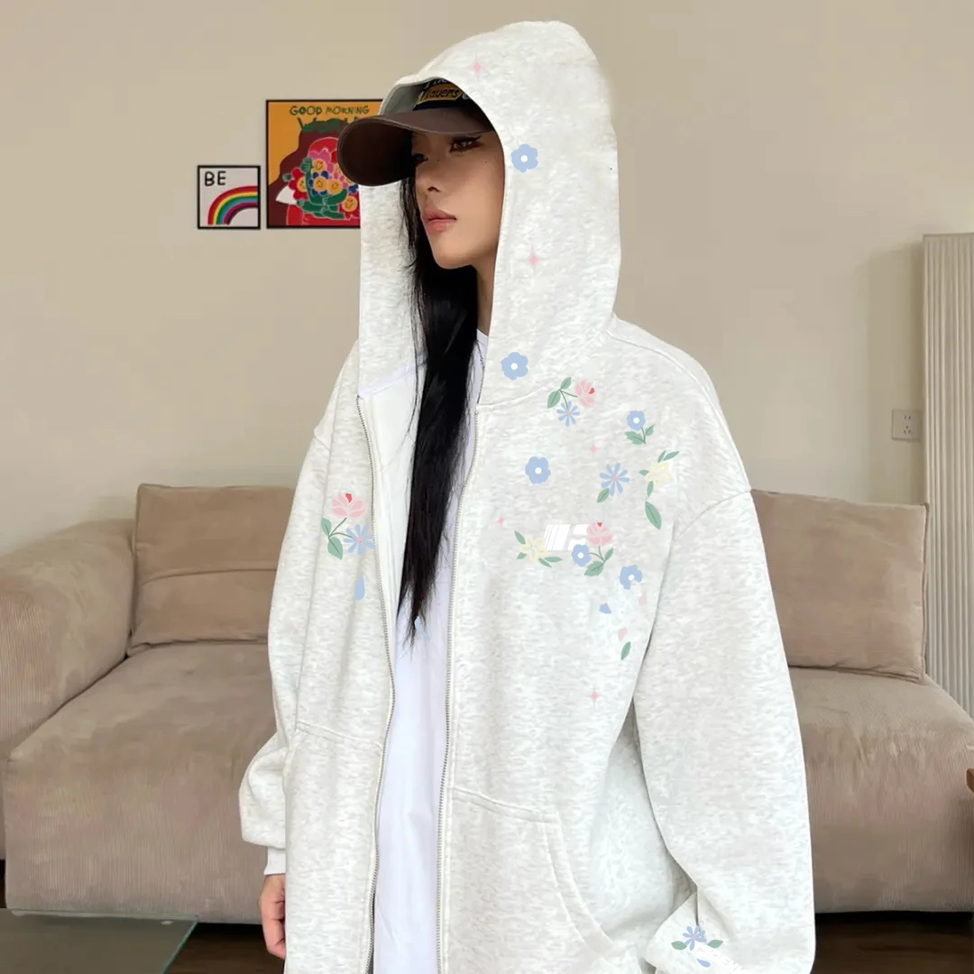 美式鲜花闪星字母印花开衫连帽卫衣男女秋冬季百搭拉链情侣款外套