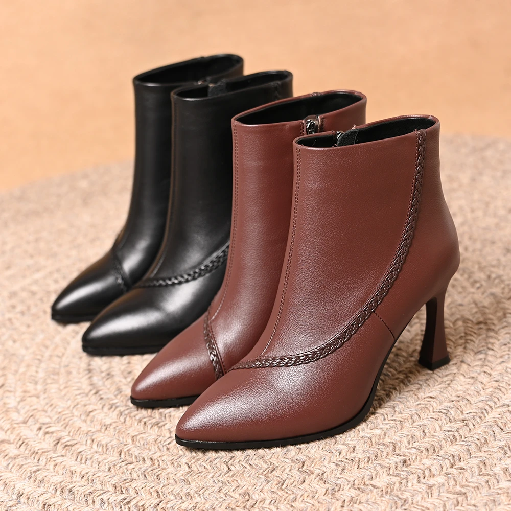头层牛皮尖头编织细跟短靴女秋冬新款百搭侧拉链高跟短筒时装靴