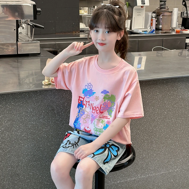 女童夏季时髦洋气涂鸦牛仔七分裤中大童女孩宽松韩版宽松短袖T恤