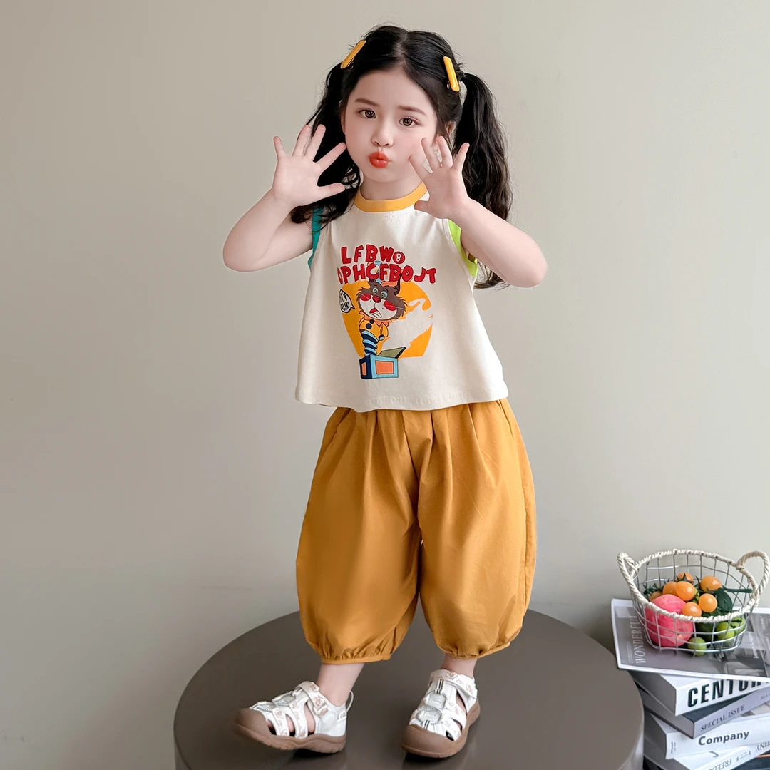 女童夏季套装2025新款儿童夏装洋气时髦防蚊裤女宝宝薄款无袖上衣