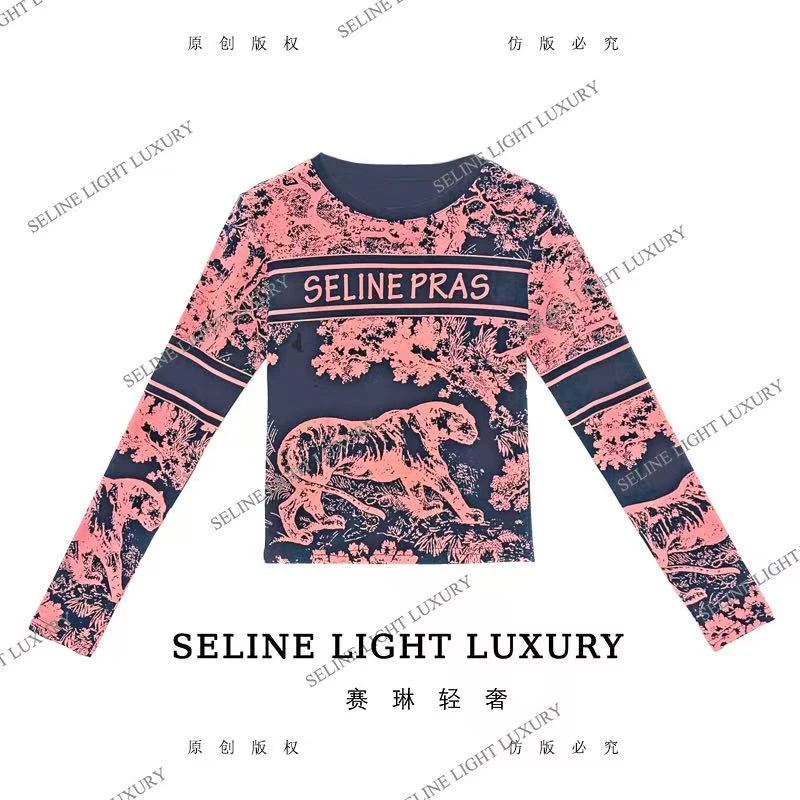 【25Q-677】太 2025 SELINE 新款国风藏蓝印花时尚轻奢气质长袖T恤