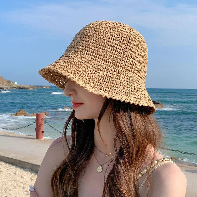 日系简约草编水桶帽女夏季透气遮阳草帽海边度假可折叠防晒渔夫帽