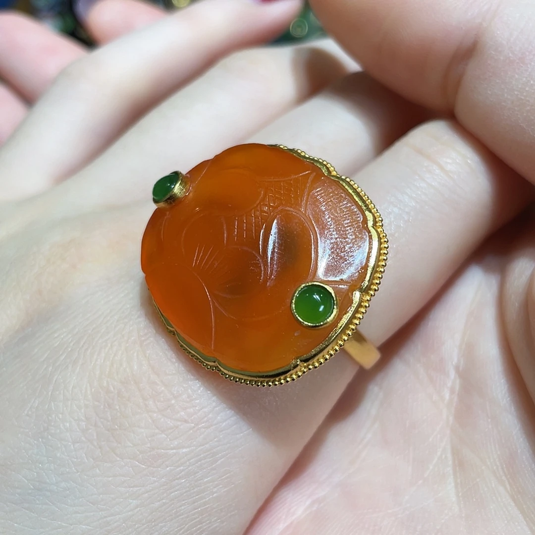 玛瑙/玉髓银S925镀金镶嵌戒指
