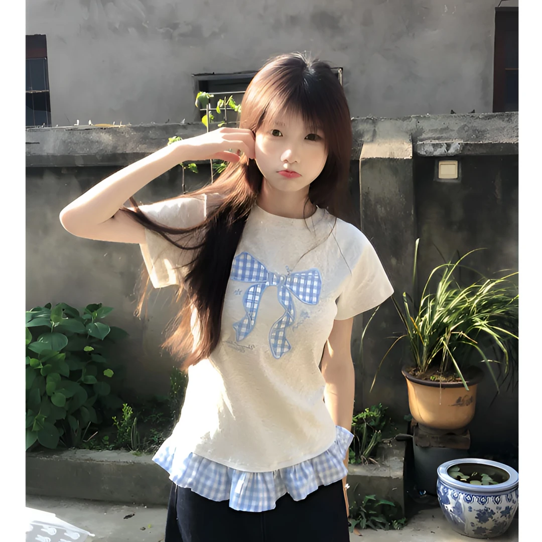韩系撞色格纹拼接短袖t恤女夏季设计感百搭芭蕾风蝴蝶结正肩上衣