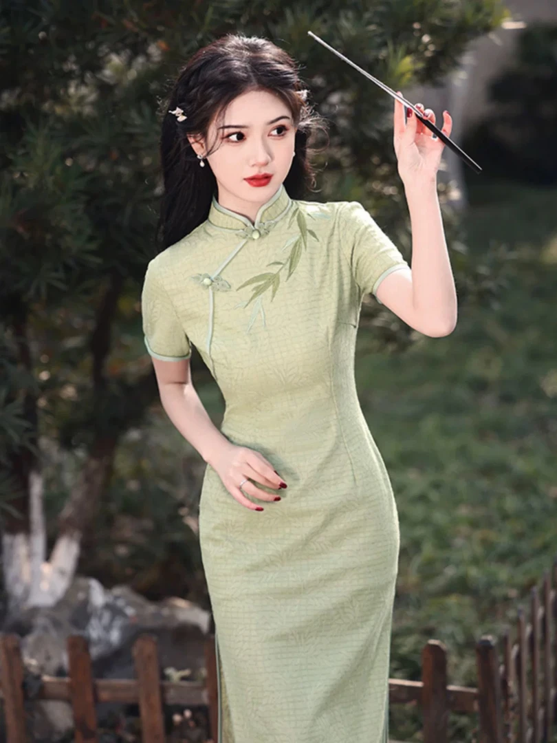 【2301 新雅 水墨竹 绿色刺绣】显瘦气质修身优雅复古中国风旗袍
