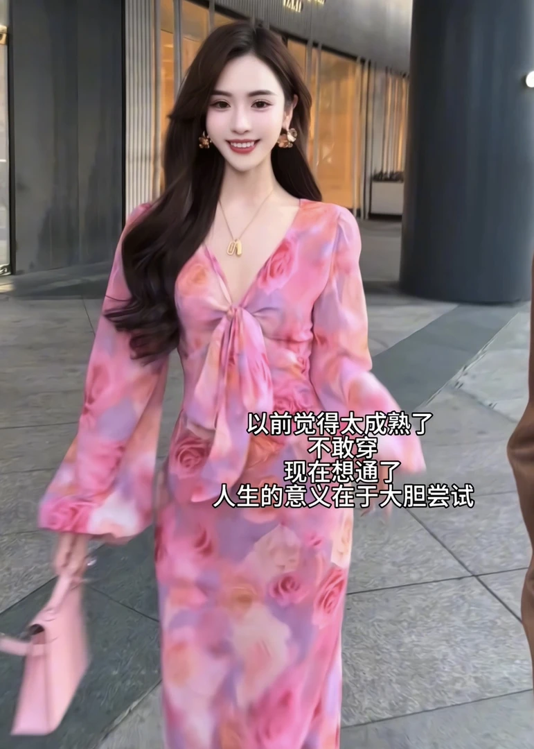 【清仓】DL121时尚气质碎花莫奈花园长袖油画连衣裙鱼尾摆