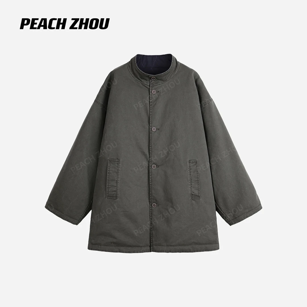 『PEACHZHOU』双面穿水波绗线宽松立领系扣夹棉外套休闲中长款棉服