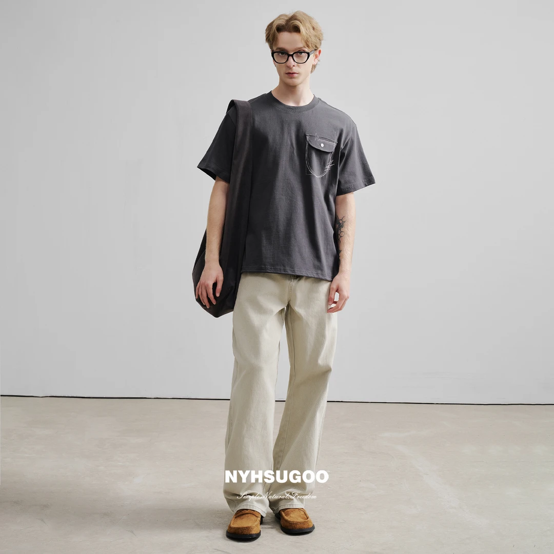 NYHSUGOO/南乙3545夏季男士线绣口袋休闲全棉T恤袖重磅260G上衣