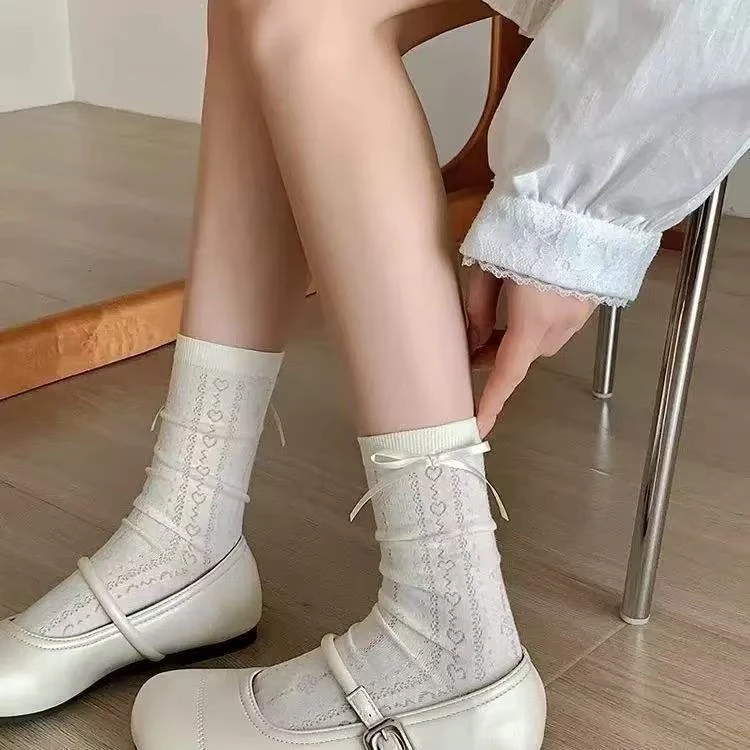 蝴蝶结飘带堆堆袜中长筒夏季薄款爱心无骨百搭透气森系学院风