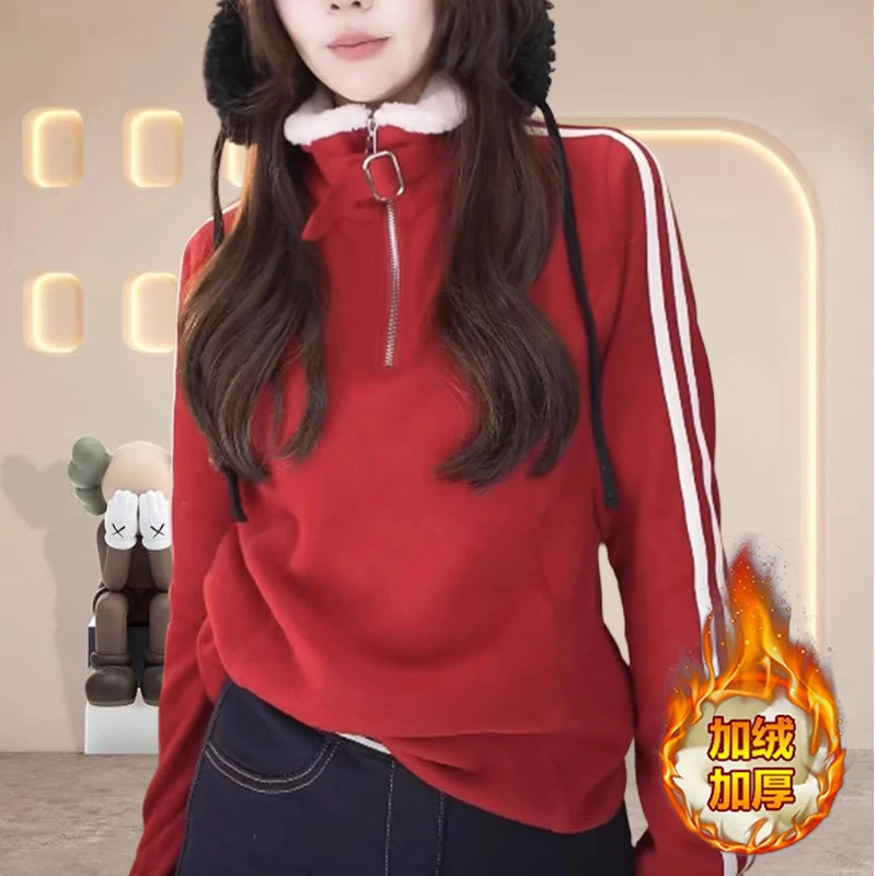 秋冬新款时尚洋气百搭女装宽松上衣保暖常规长袖卫衣休闲立领上衣