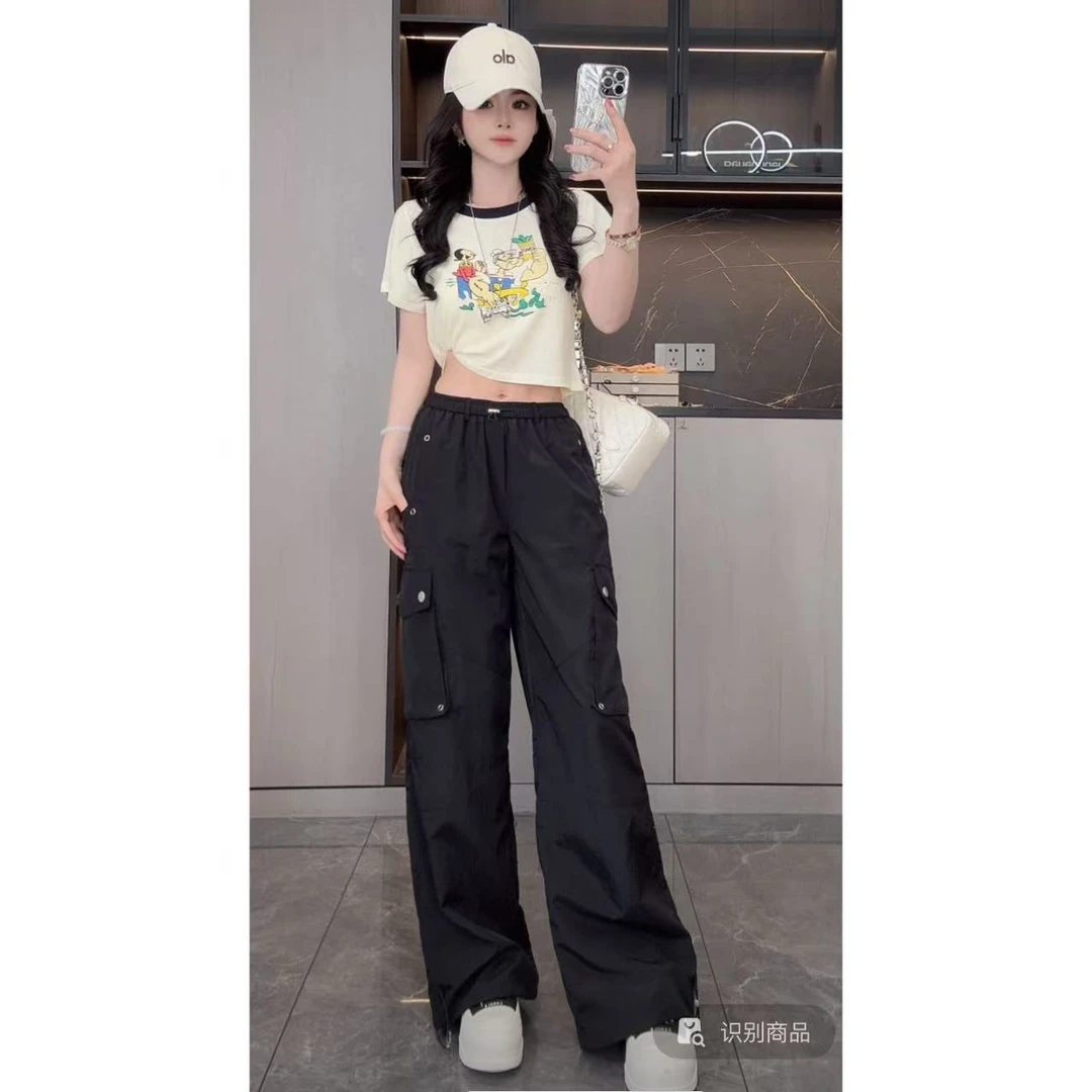 睿夕【街头漫步~】美式抽绳束脚工装裤女辣妹休闲阔腿裤