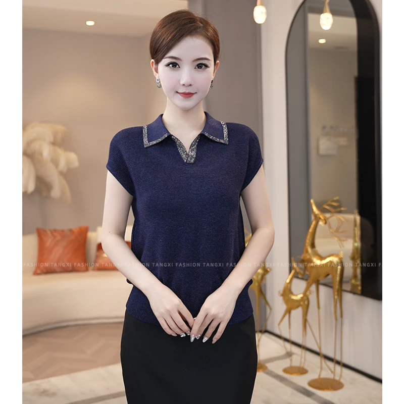 2025夏新款【LT-1139】薄款凉快天丝蓝色烫钻设计感短袖针织小衫女