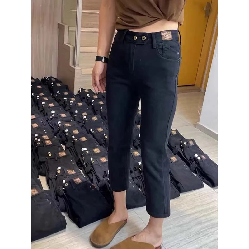 2025新款高腰弹力烟管牛仔裤女胖妹妹大码显瘦小个子九分直筒裤子