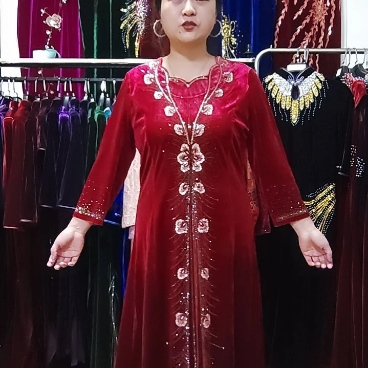 亮酒红色金丝绒v领重工中长连衣裙3XL120-130斤左右