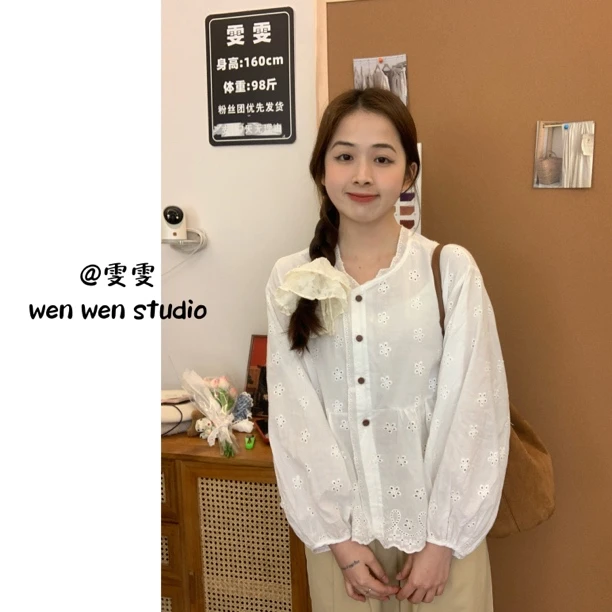 【雯雯】韩系春款灯笼袖小花刺绣小衫气质