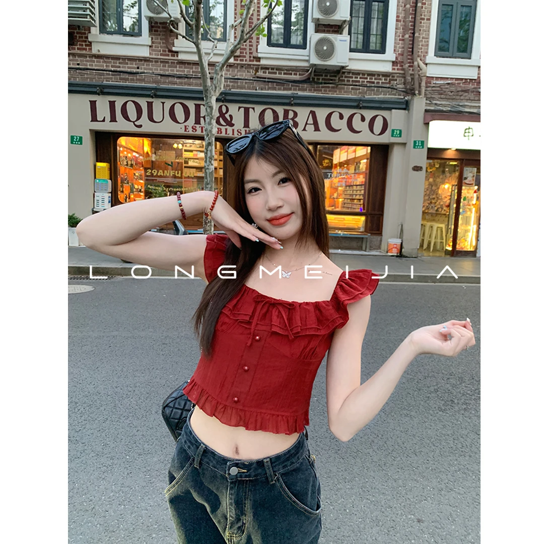 红色绝美背心吊带女内搭夏2025新款荷叶边打底独特上衣外穿