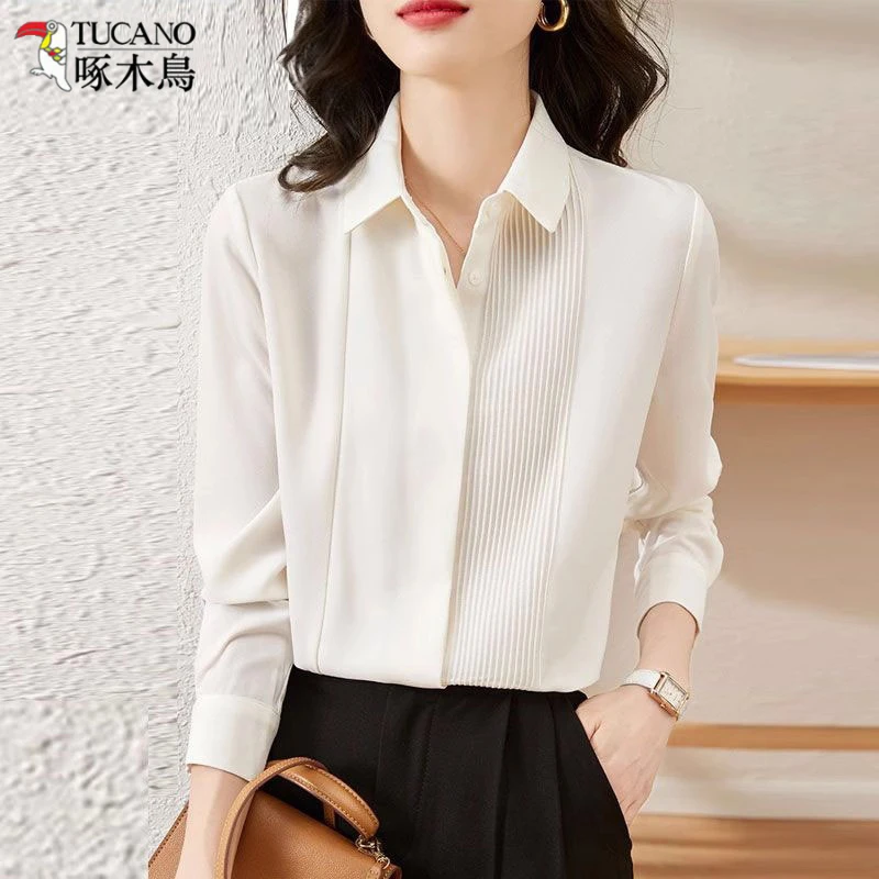 TUCANO/啄木鳥长袖白色衬衫女春秋新款职业衬衣气质通勤雪纺上衣