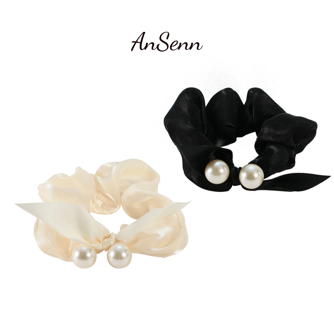 【小魏总珠宝】冰丝蝴蝶结发圈可爱女生缎面镶嵌仿珍珠高弹力高马尾