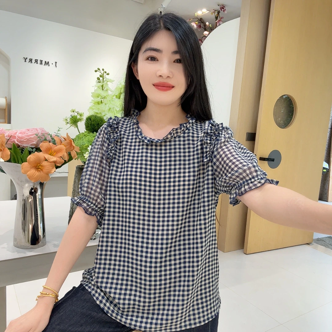 253521 圆领减龄格子短袖时尚洋气上衣