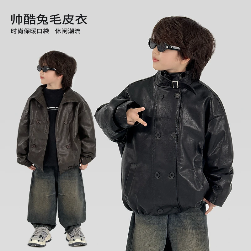 中班仔童装皮衣2025冬季新款时尚加绒加厚夹克外套潮流男孩*38538