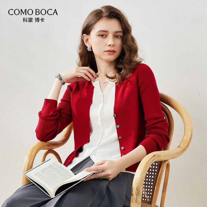 COMOBOCA/科蒙·博卡针织外套圆领假两件开衫25撞色T恤上衣KST1225