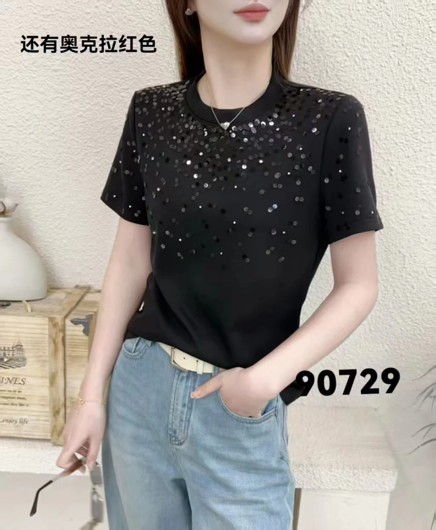 邹先森90729-30夏季新款女士圆领短袖重工钉珠钻饰修身