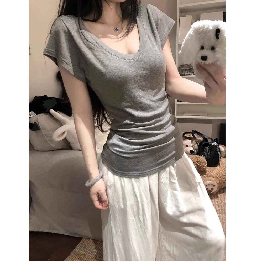 灰色V领堆叠收腰短袖正肩女t恤夏季松弛感慵懒风基础修身显瘦上衣