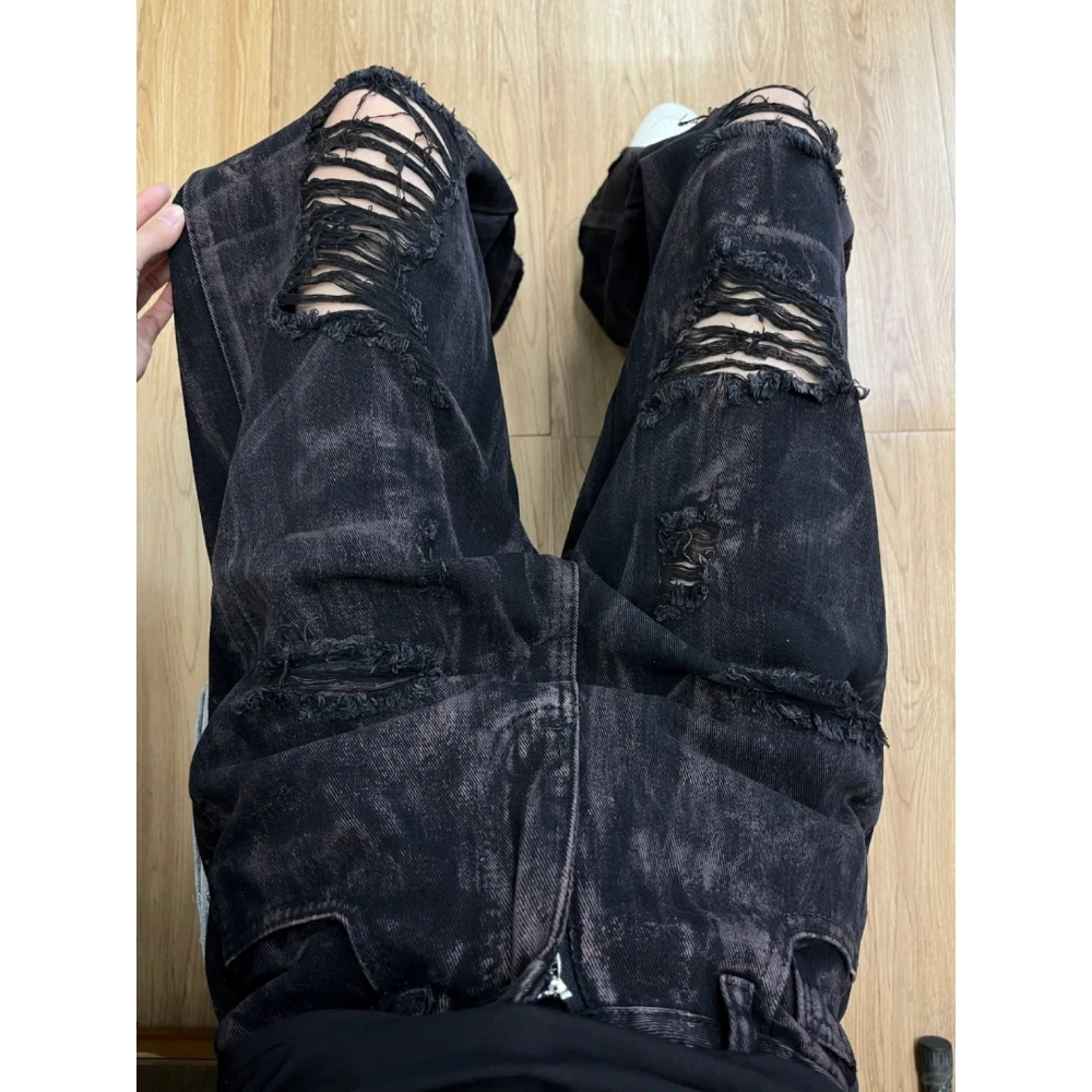 美式复古设计感破洞牛仔裤女2025春夏新款高腰显瘦遮跨小众阔腿裤