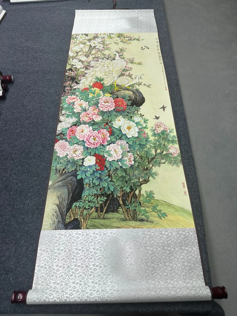 140*45（白孔雀）客厅茶室办公室高精复原软装挂画手工装裱