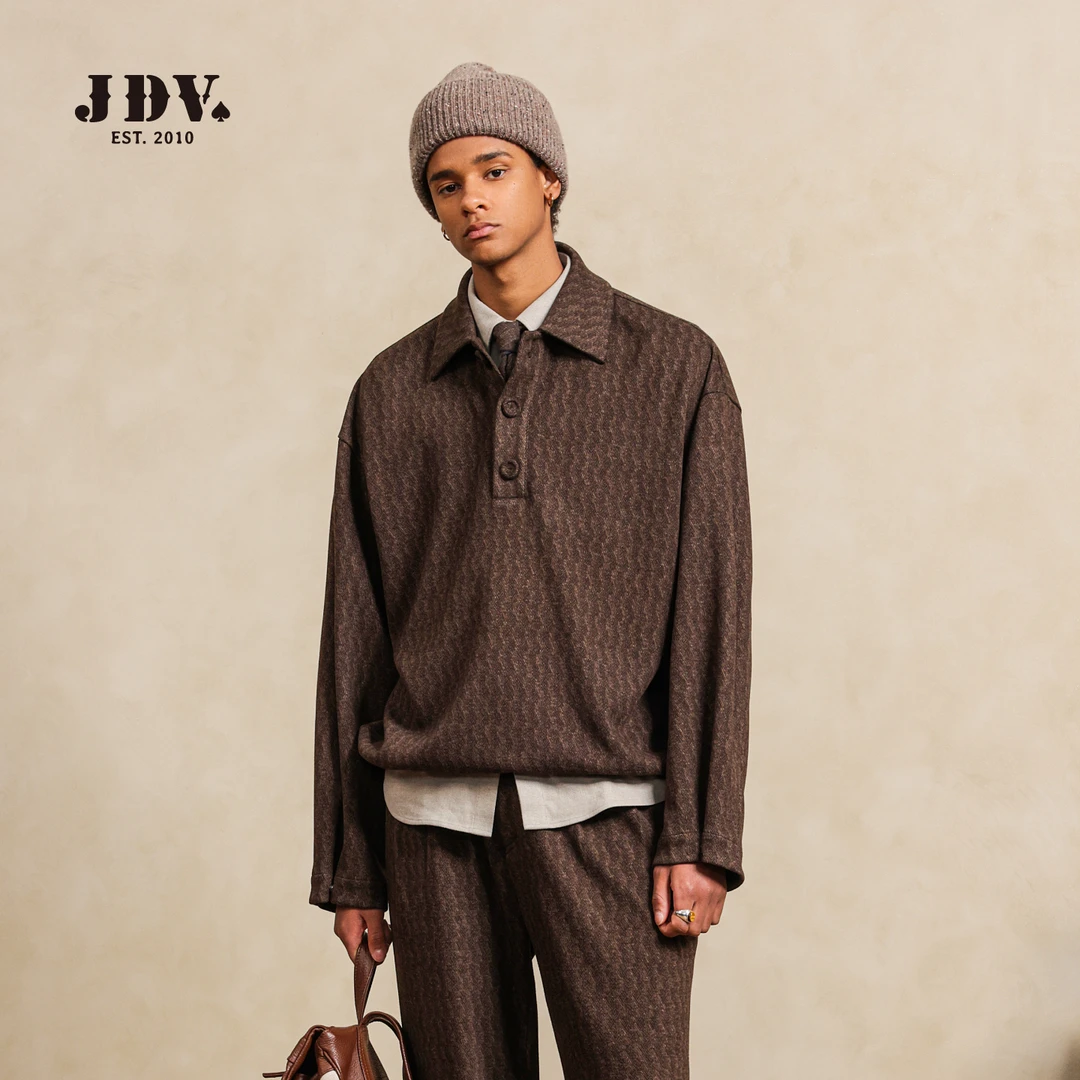 J.D.V男装2025针织提花长袖Polo衫秋冬休闲复古翻领WST50W1