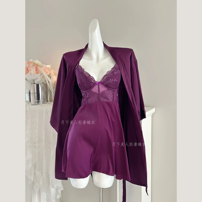 【紫气东来】新款吊带性感蕾丝花边睡裙冰丝纯欲微胖显瘦大码睡裙