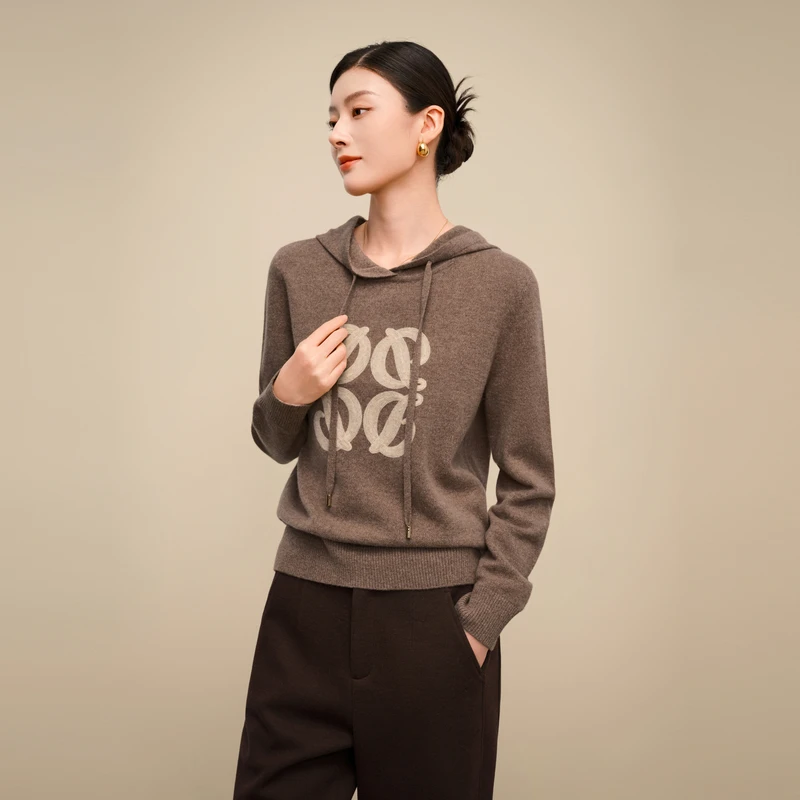 dunnu敦奴2025年秋季新款简约休闲连帽羊毛针织毛衣女FU572109