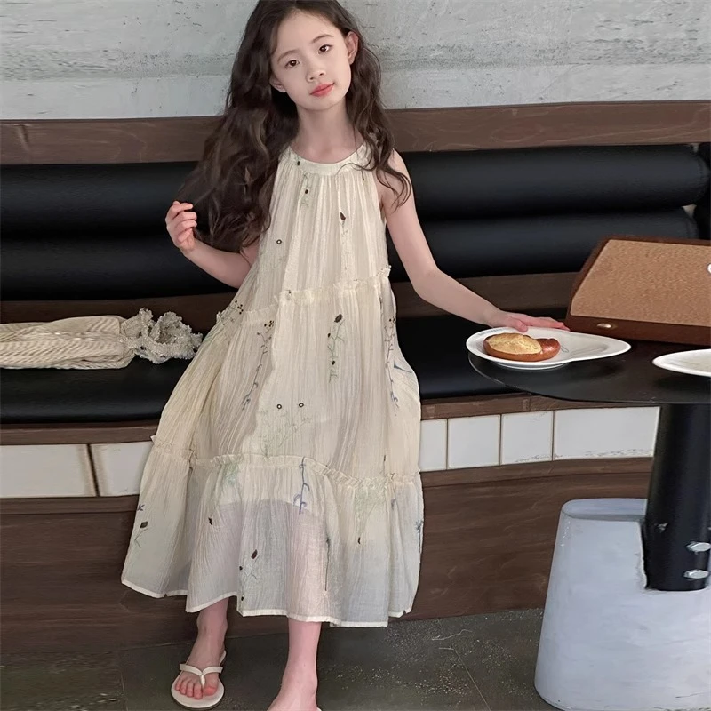 女童挂脖连衣裙夏装2025新款洋气大童背心裙儿童夏季海边度假裙子