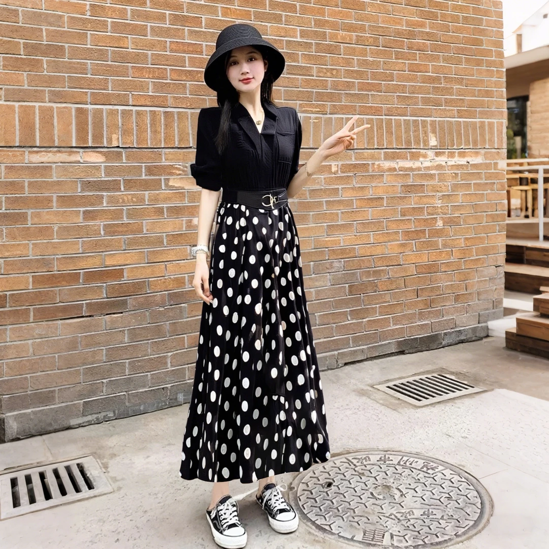 【送腰带】夏季新款法式气质优雅时尚拼接波点大摆连衣裙女D2109