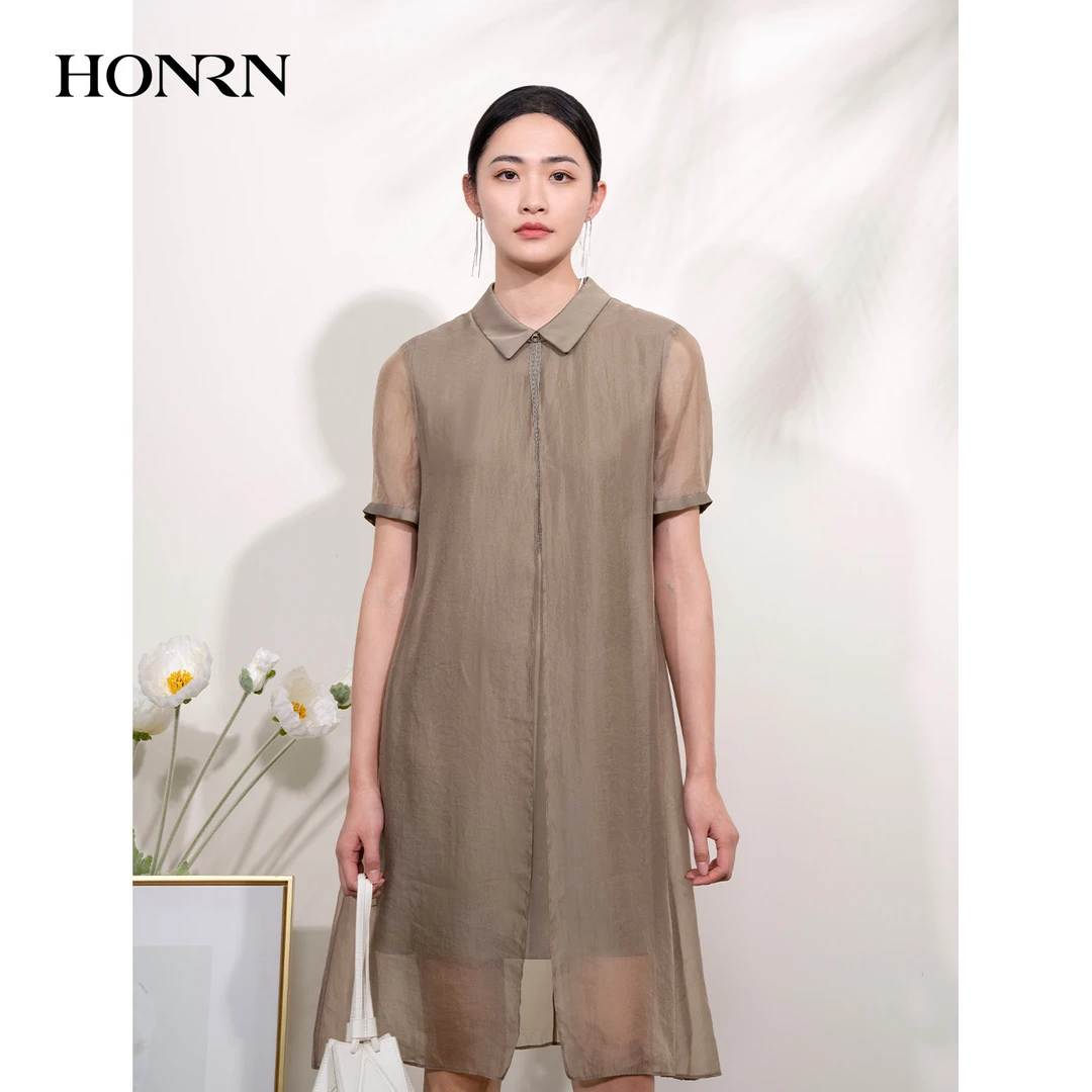 HONRN/红人优雅气质纯色薄款短袖遮肚显瘦a字连衣裙女夏HI22OL697