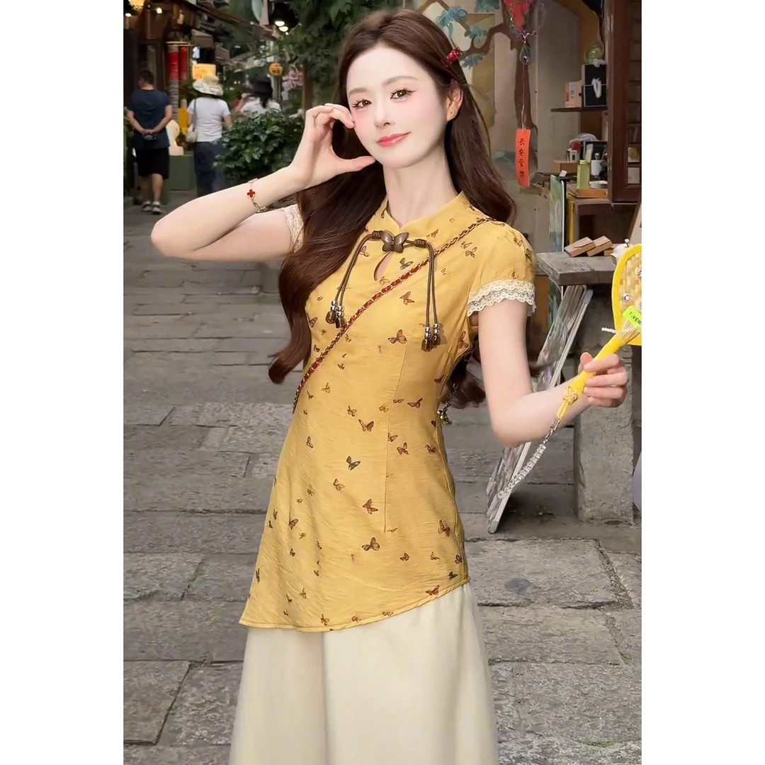 【如初】<77>复古新中式蝴蝶印花拼接假两件旗袍连衣裙气质显瘦长裙