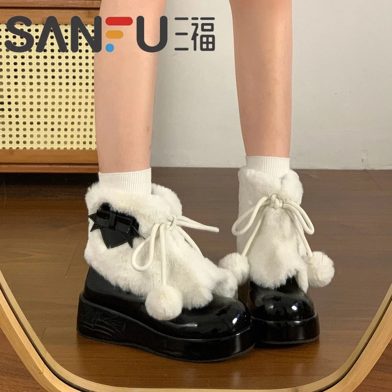 三福lolita可爱甜美雪地靴女2025新款秋冬季保暖加绒厚底毛毛短筒