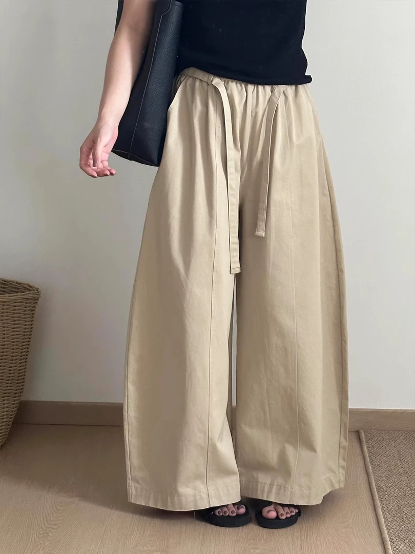 卡其色阔腿弯刀裤女秋季大码胖mm显瘦遮肉小个子松弛感直筒休闲裤